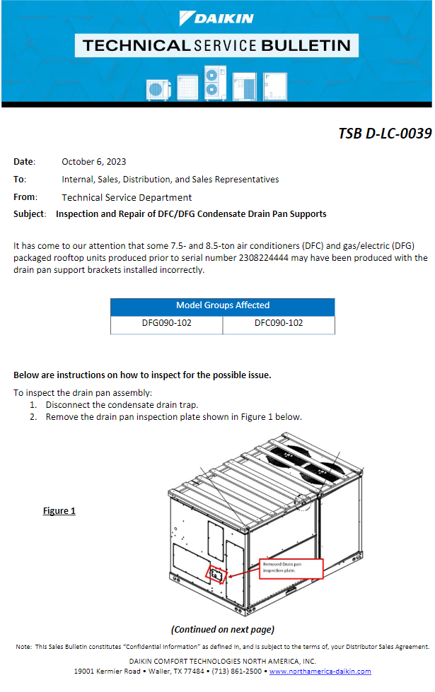 TSB DLC0039 Inspection and Repair of DFC.DFG Condensate Drain Pan